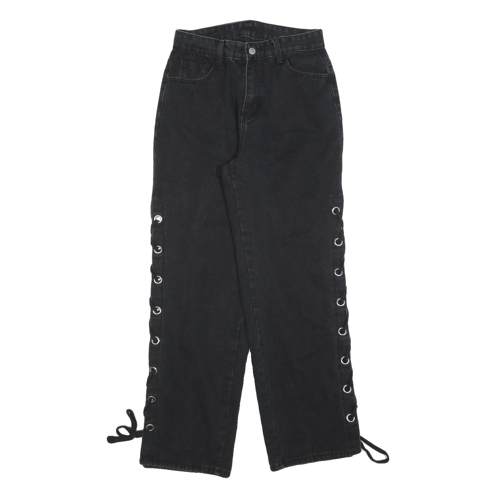 ROMWE Womens Jeans Black Relaxed Straight Denim Medium W26 L29 Lace-up Side