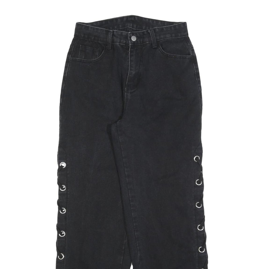 ROMWE Womens Jeans Black Relaxed Straight Denim Medium W26 L29 Lace-up Side