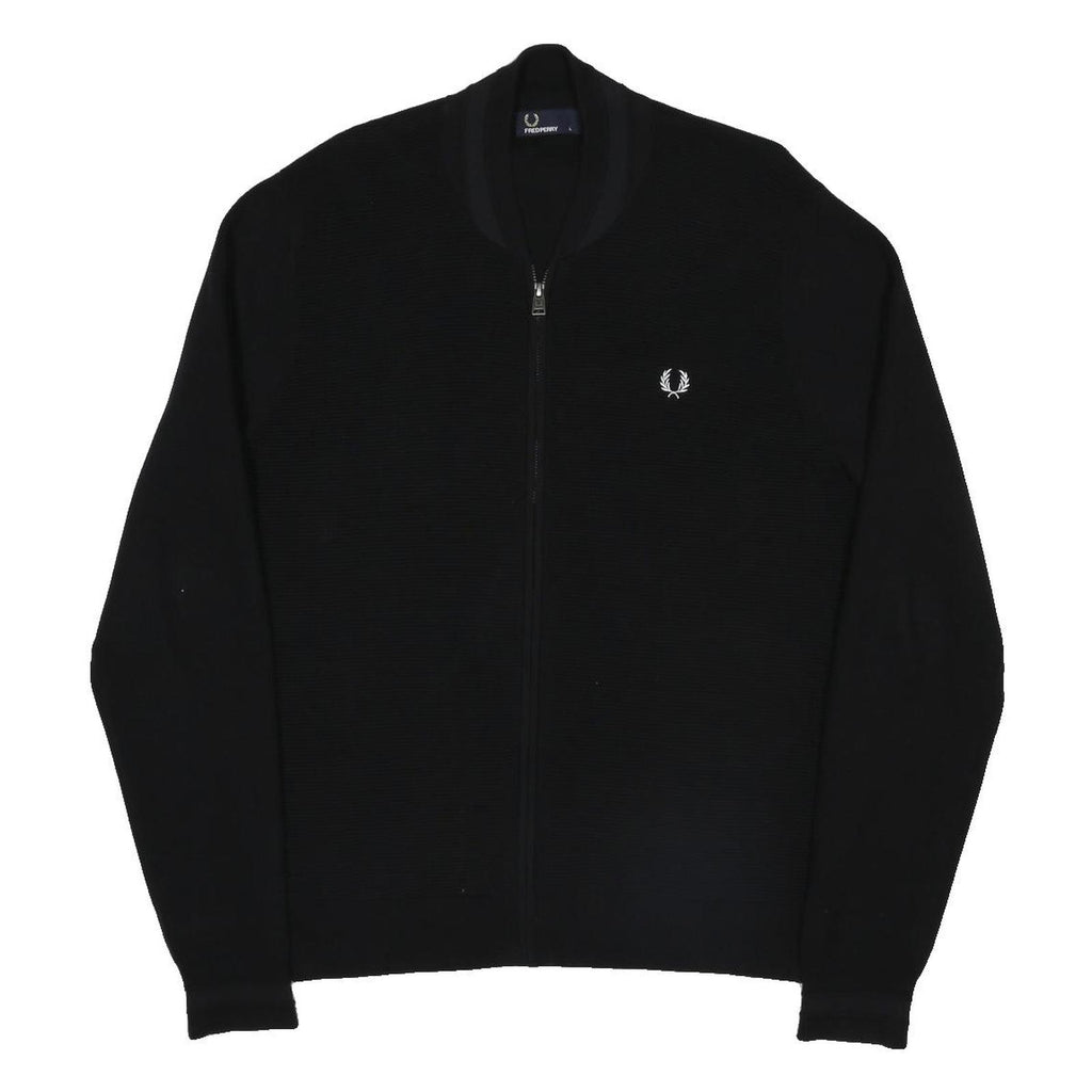 FRED PERRY Mens Black Zip Jacket L Cotton Blend Plain Classic Casual Lightweight