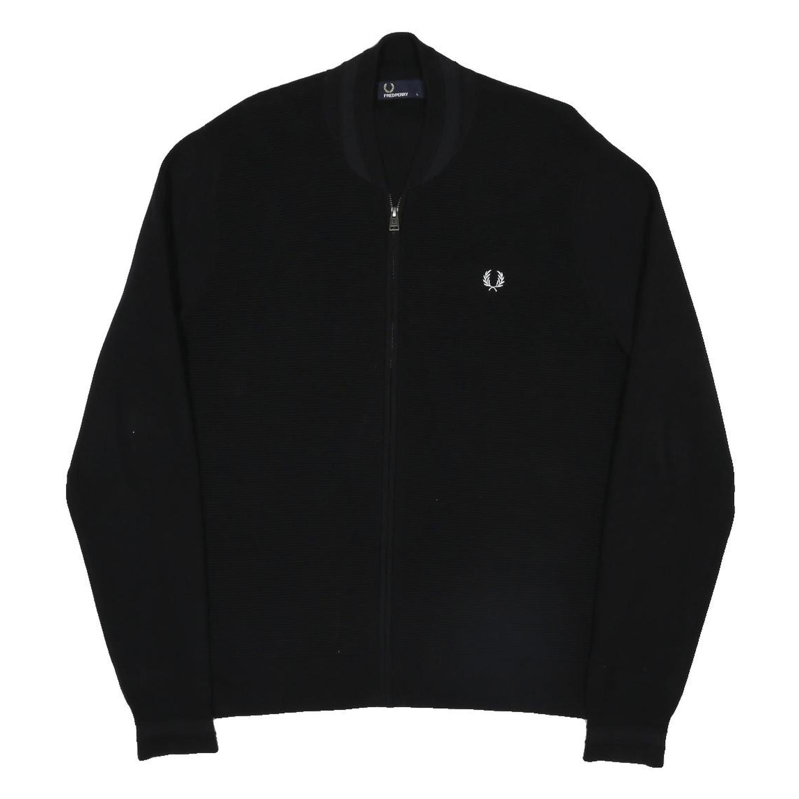 FRED PERRY Mens Black Zip Jacket L Cotton Blend Plain Classic Casual Lightweight