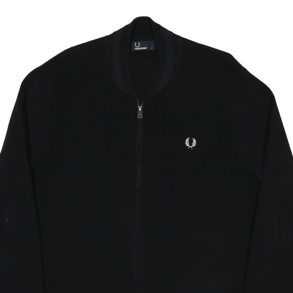 FRED PERRY Mens Black Zip Jacket L Cotton Blend Plain Classic Casual Lightweight