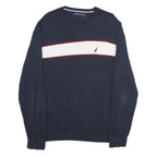 NAUTICA Mens Navy Blue White Patterned Cotton Jumper Crew Neck Basic Knit L