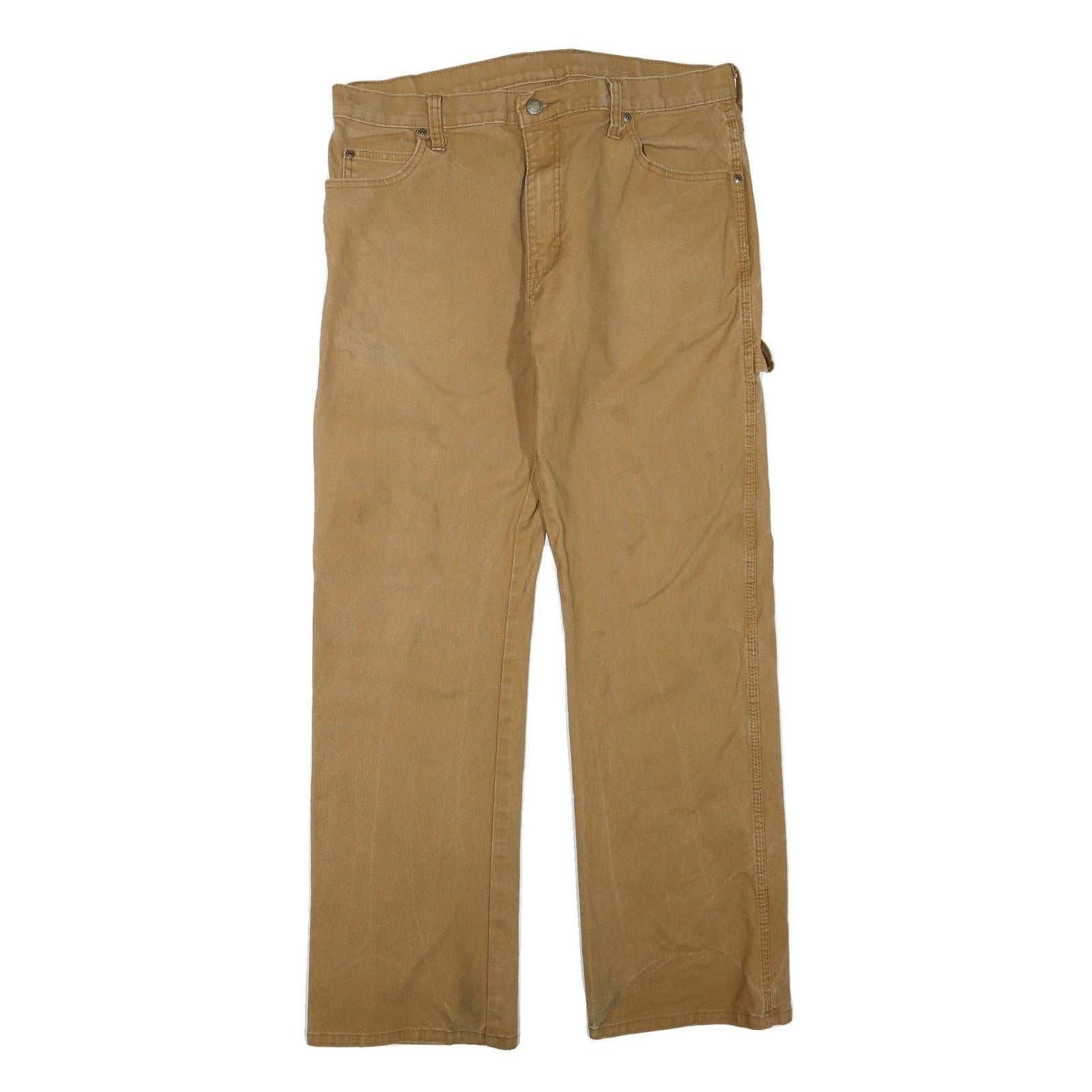 DICKIES Mens Polyester Blend Tan Regular Straight Trousers W36 L32 Workwear