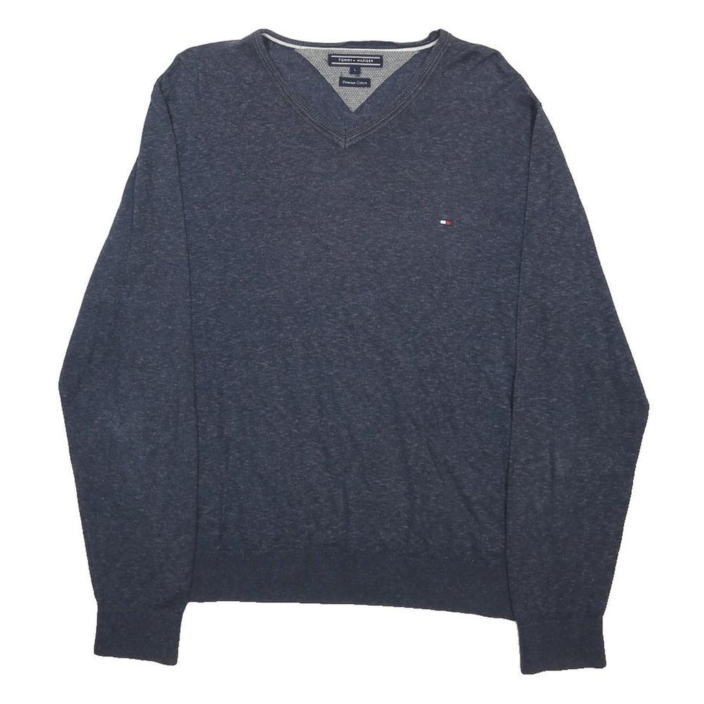 TOMMY HILFIGER Mens Blue Plain V-Neck Basic Knit Jumper L Classic Cotton
