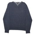 TOMMY HILFIGER Mens Blue Plain V-Neck Basic Knit Jumper L Classic Cotton