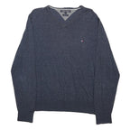 TOMMY HILFIGER Mens Blue Plain V-Neck Basic Knit Jumper L Classic Cotton