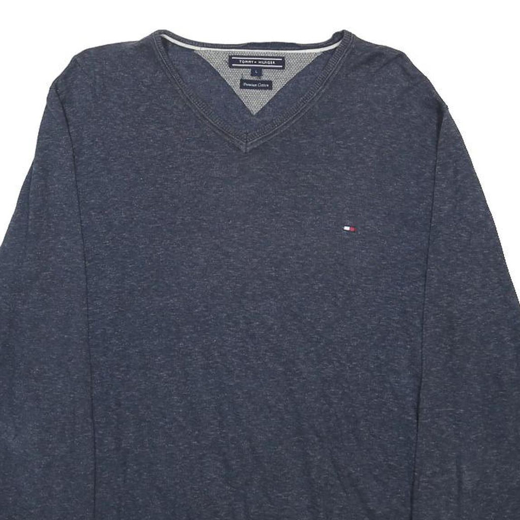 TOMMY HILFIGER Mens Blue Plain V-Neck Basic Knit Jumper L Classic Cotton