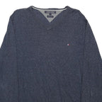 TOMMY HILFIGER Mens Blue Plain V-Neck Basic Knit Jumper L Classic Cotton