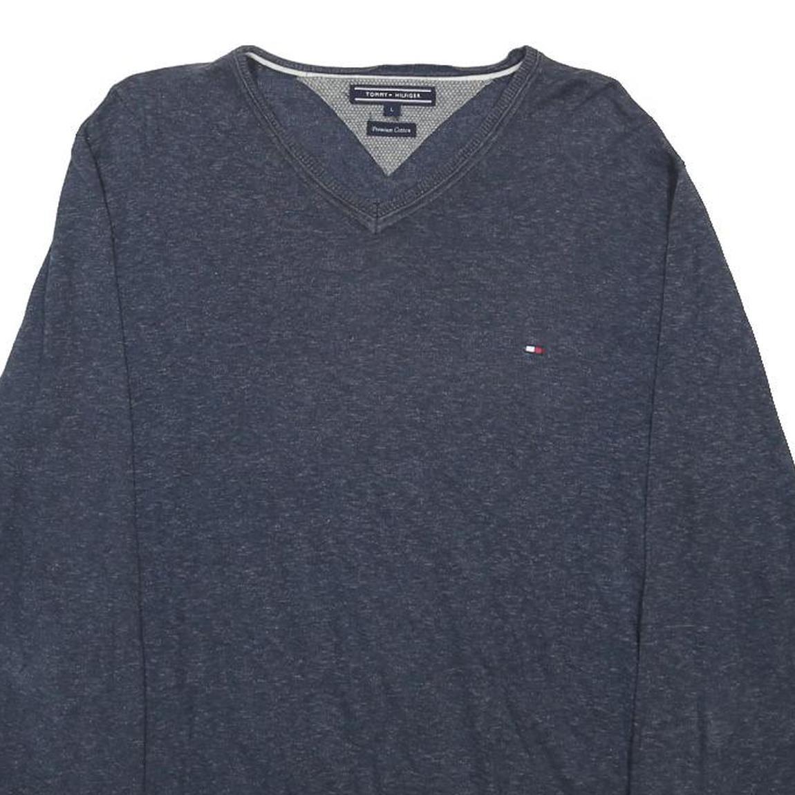 TOMMY HILFIGER Mens Blue Plain V-Neck Basic Knit Jumper L Classic Cotton