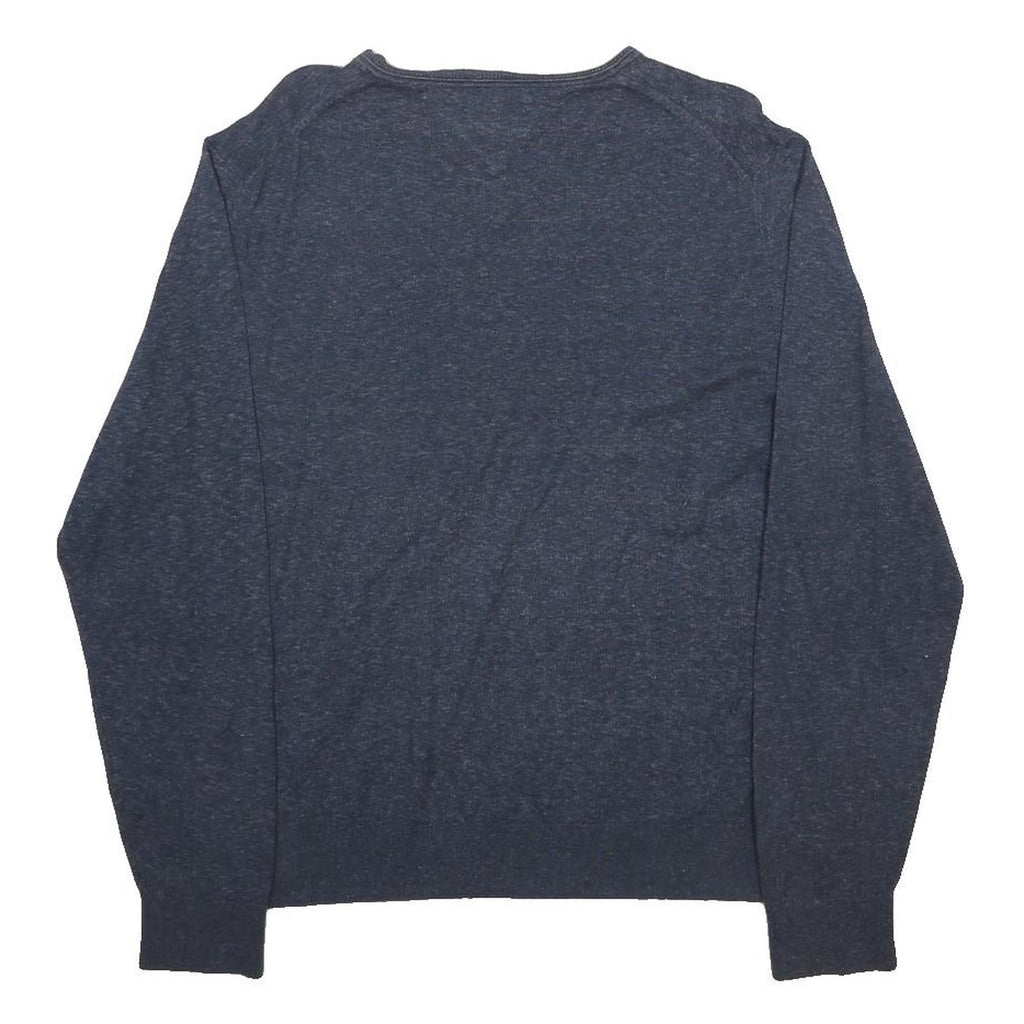 TOMMY HILFIGER Mens Blue Plain V-Neck Basic Knit Jumper L Classic Cotton