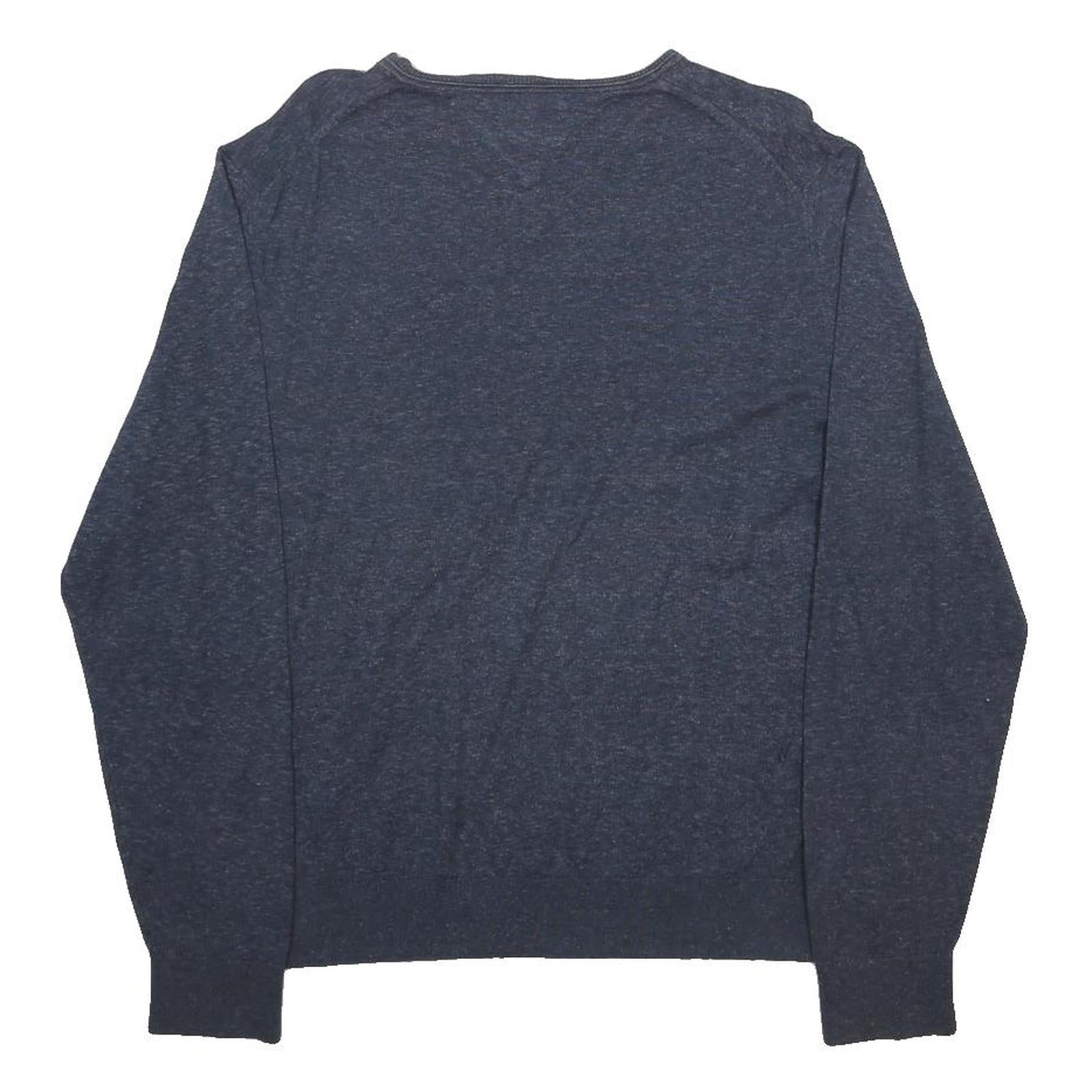 TOMMY HILFIGER Mens Blue Plain V-Neck Basic Knit Jumper L Classic Cotton