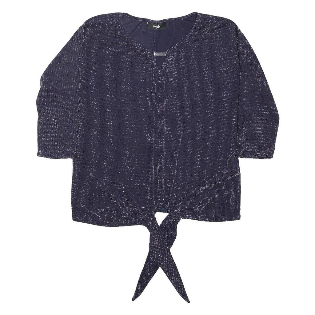 WALLIS Womens Blue Glitter Tie Front Basic Top 3/4 Sleeve Round Neck Size S