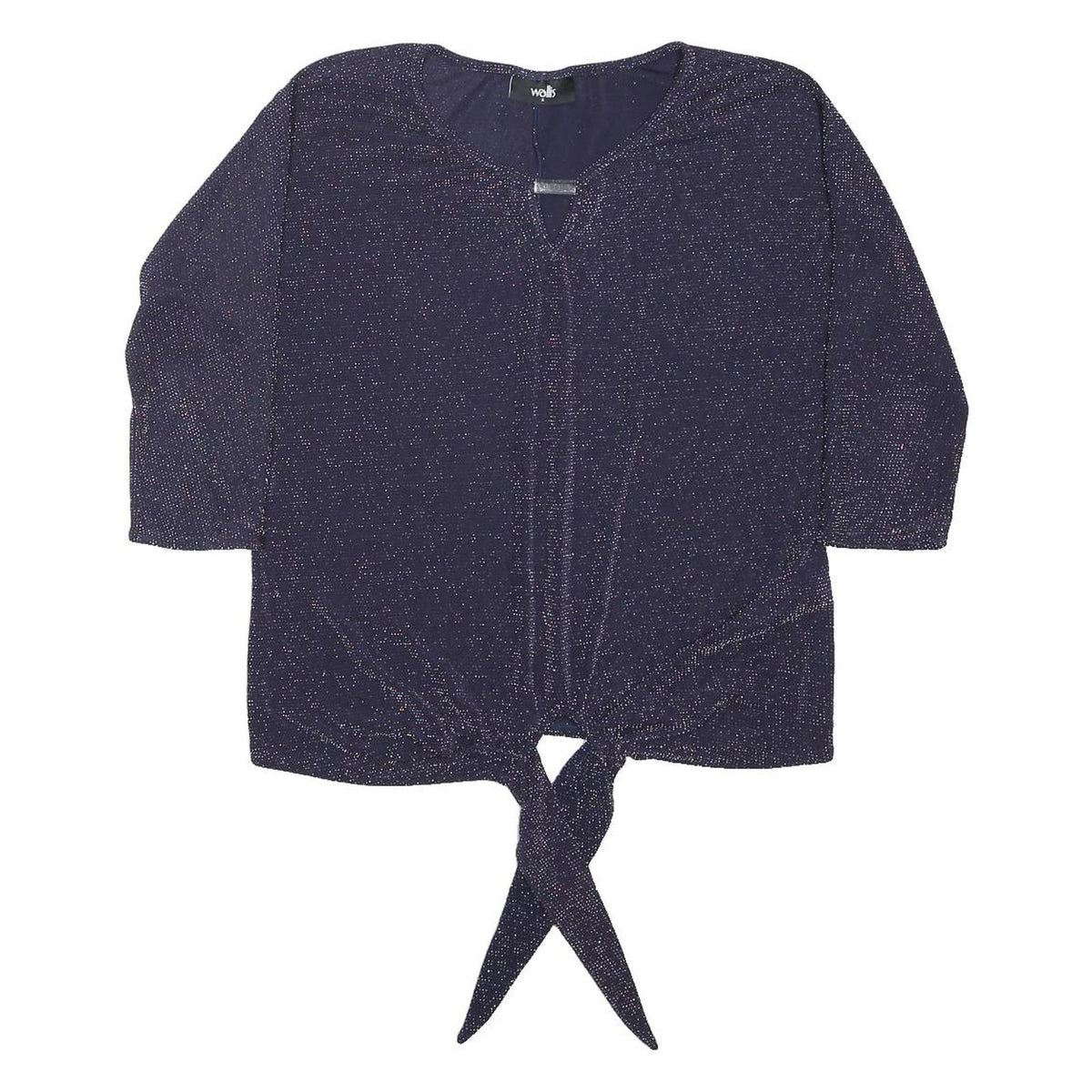 WALLIS Womens Blue Glitter Tie Front Basic Top 3/4 Sleeve Round Neck Size S