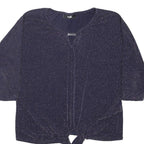 WALLIS Womens Blue Glitter Tie Front Basic Top 3/4 Sleeve Round Neck Size S