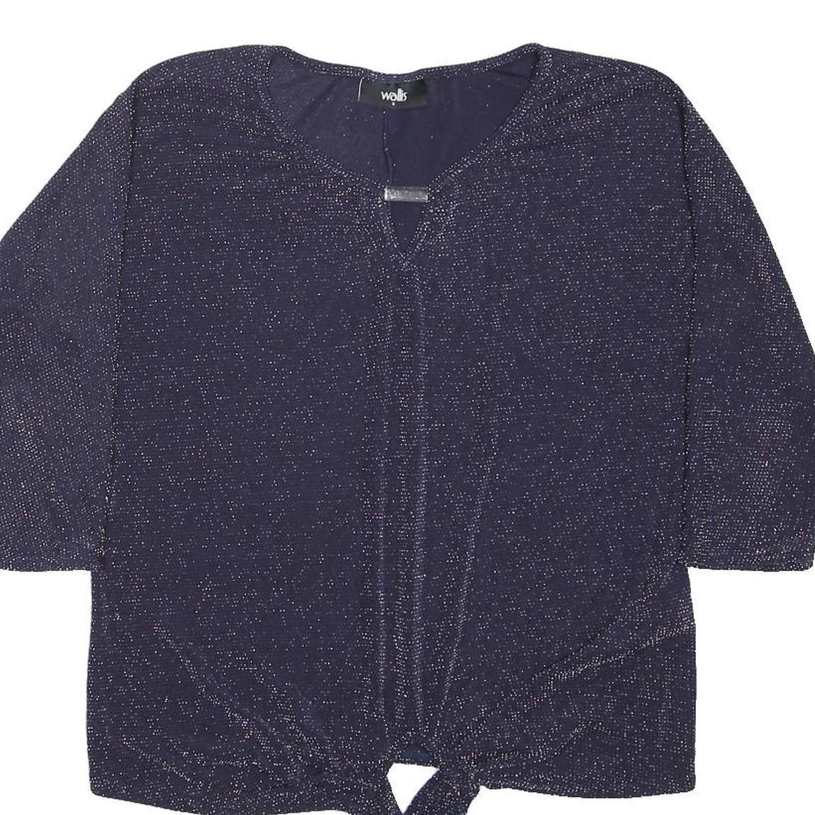 WALLIS Womens Blue Glitter Tie Front Basic Top 3/4 Sleeve Round Neck Size S