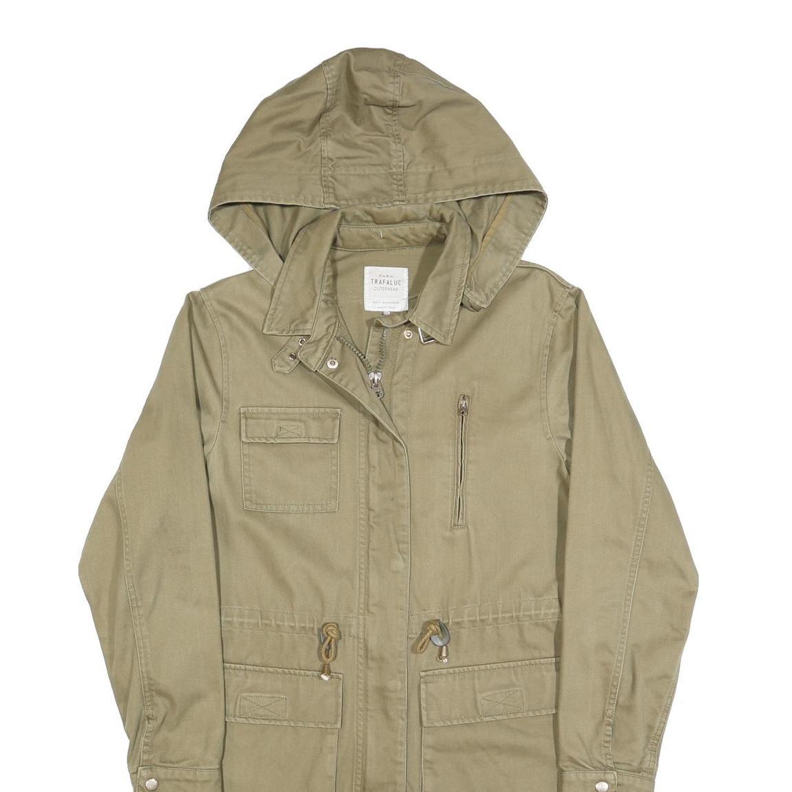 ZARA Womens Beige Cotton Blend Parka Jacket S Plain Hooded Zip Closure