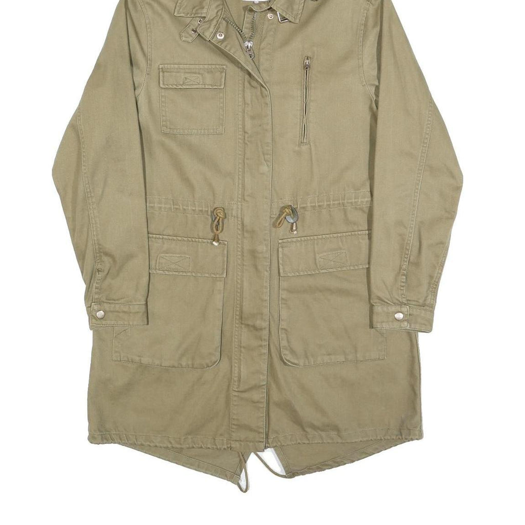 ZARA Womens Beige Cotton Blend Parka Jacket S Plain Hooded Zip Closure