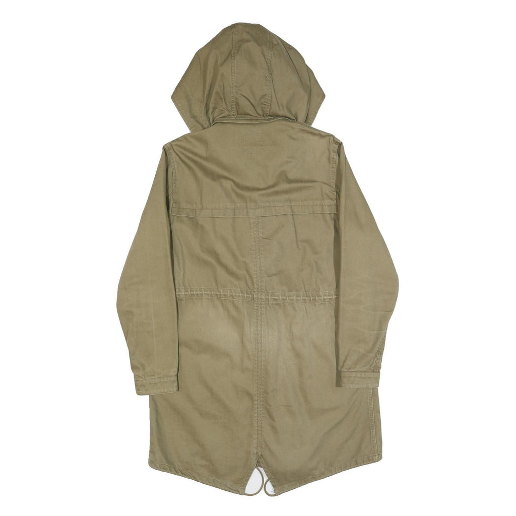 ZARA Womens Beige Cotton Blend Parka Jacket S Plain Hooded Zip Closure