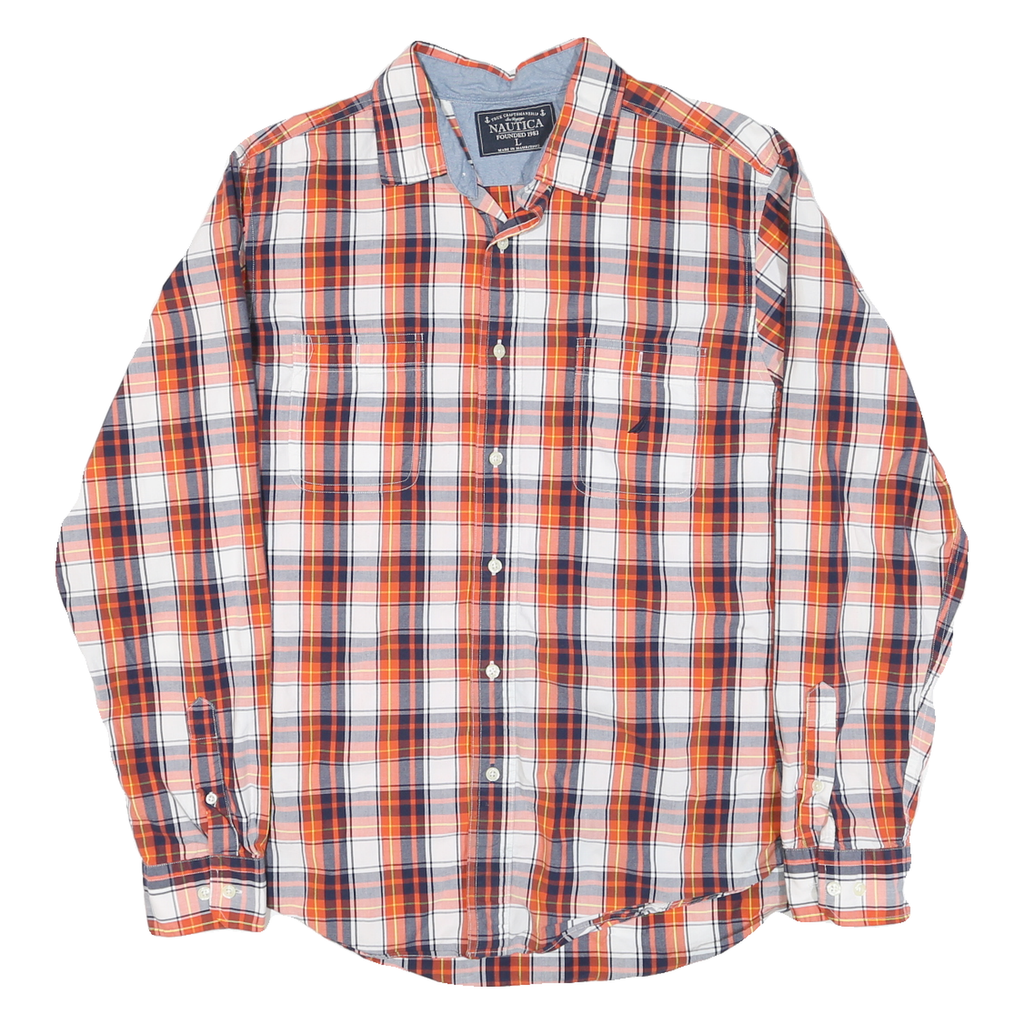 NAUTICA Mens Orange & Navy Plaid Shirt L Cotton Blend Casual Button-Down