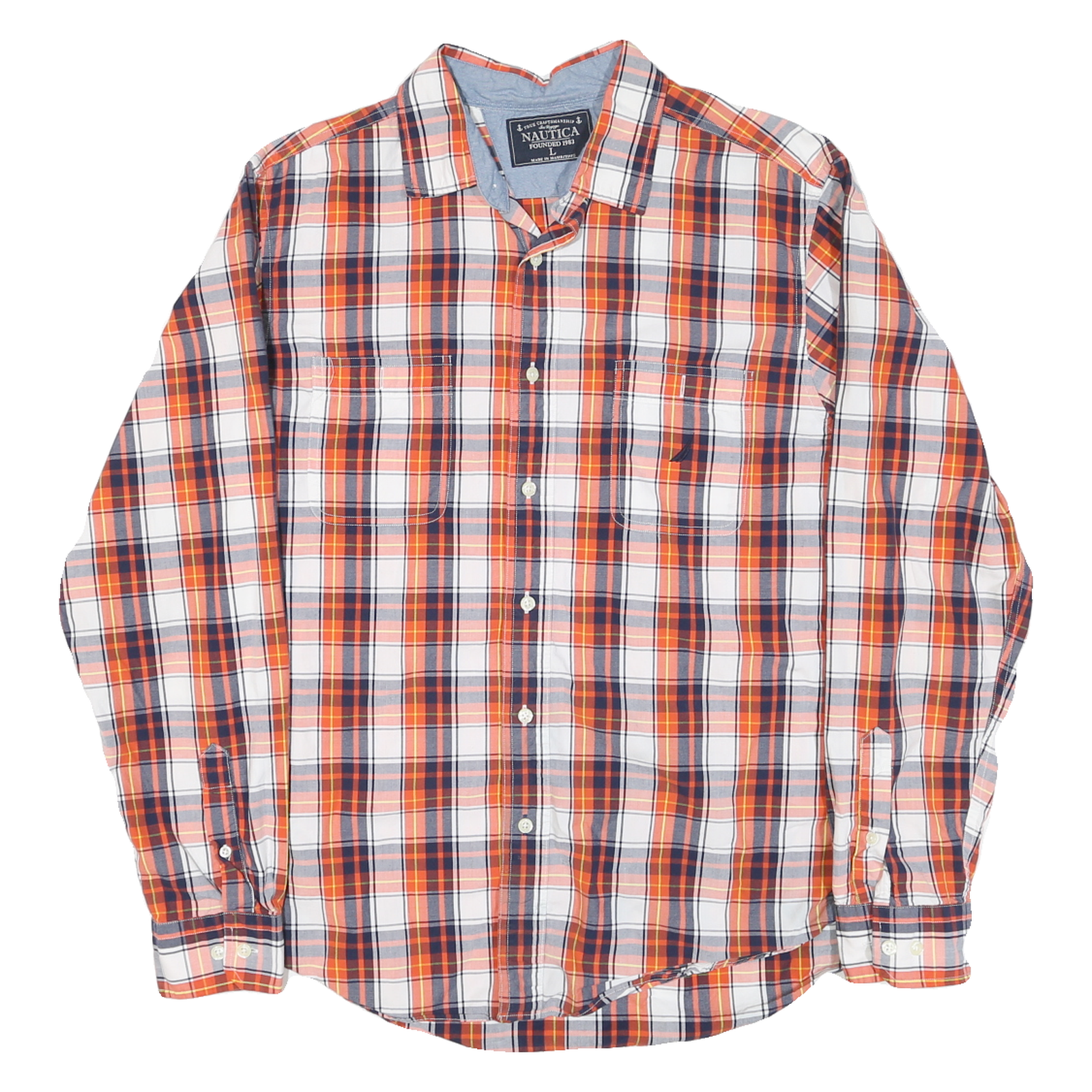 NAUTICA Mens Orange & Navy Plaid Shirt L Cotton Blend Casual Button-Down