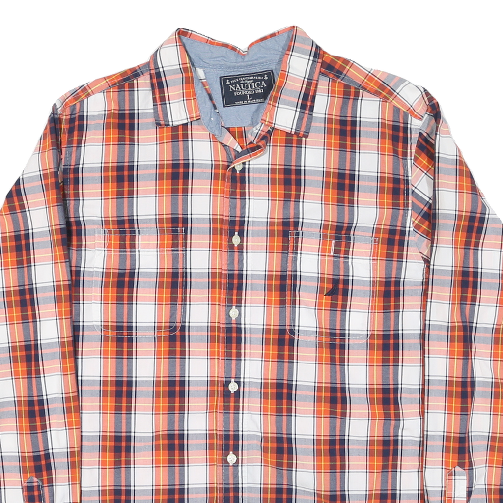 NAUTICA Mens Orange & Navy Plaid Shirt L Cotton Blend Casual Button-Down