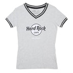 HARD ROCK CAFE Womens Grey V-Neck T-Shirt XS Short Sleeve Logo Print Casual