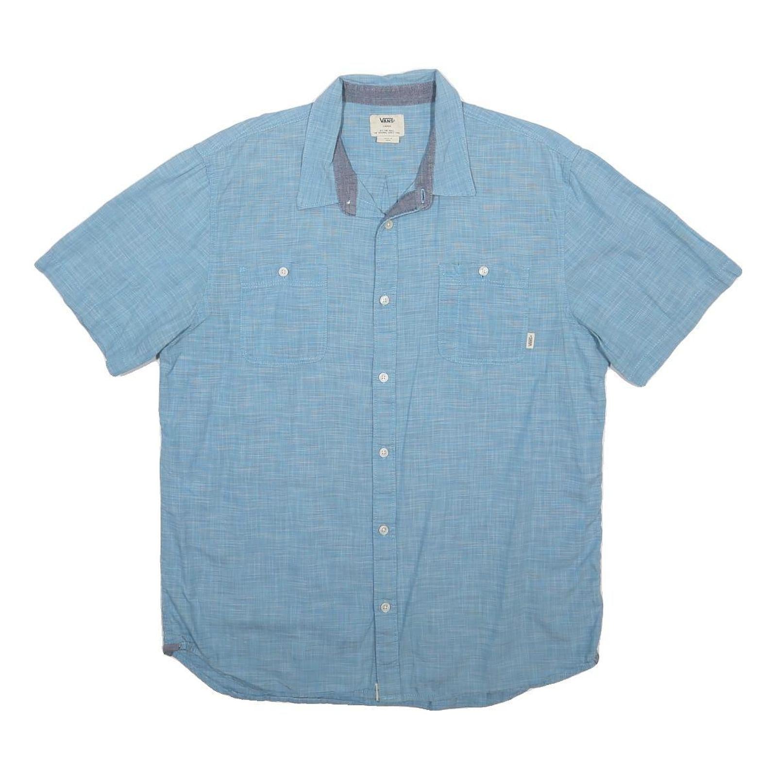VANS Mens Blue Woven Shirt L Casual Short Sleeve Button Pocket Summer