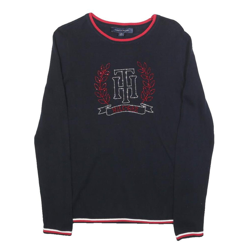 TOMMY HILFIGER Womens Navy Blue Heavy Knit Crew Neck Jumper S Embellished Logo