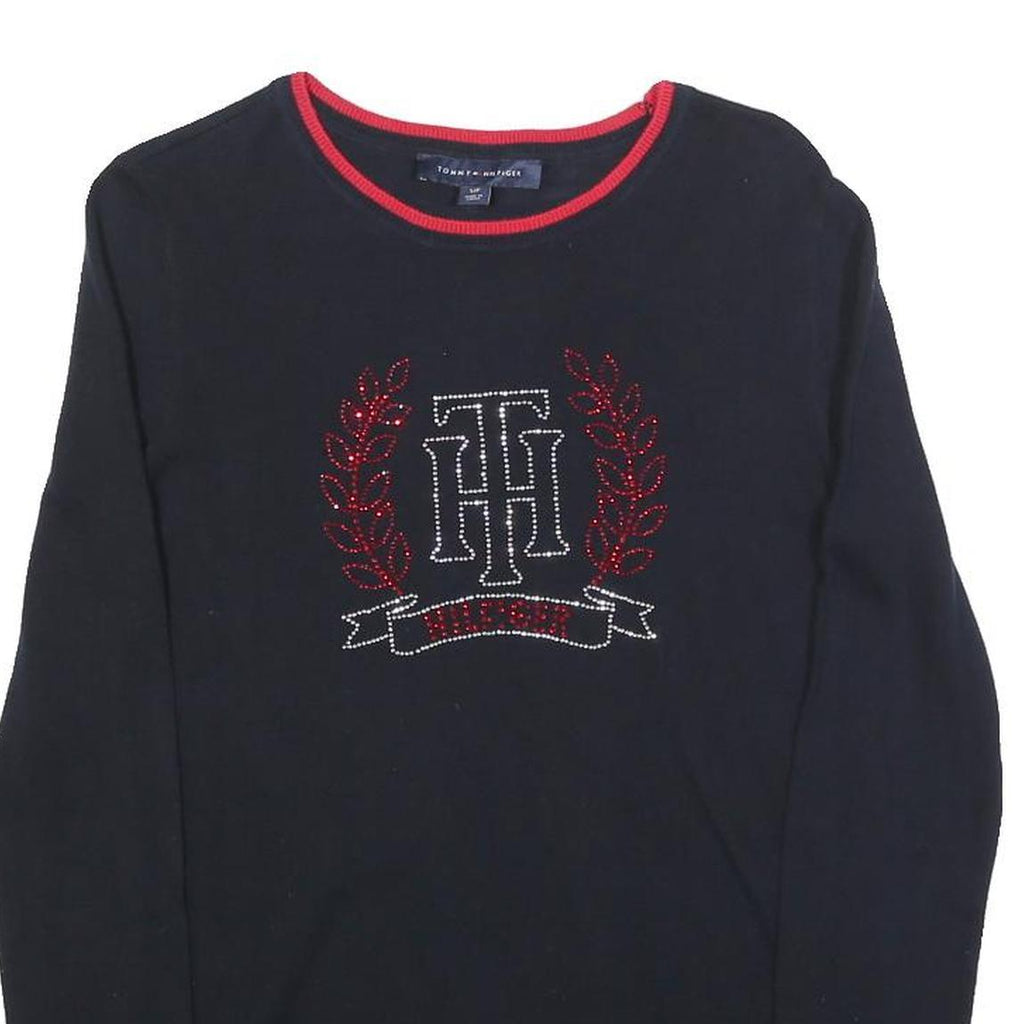 TOMMY HILFIGER Womens Navy Blue Heavy Knit Crew Neck Jumper S Embellished Logo