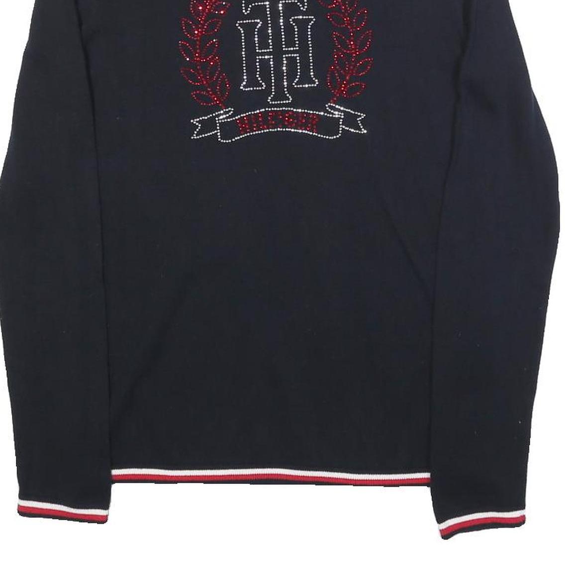 TOMMY HILFIGER Womens Navy Blue Heavy Knit Crew Neck Jumper S Embellished Logo