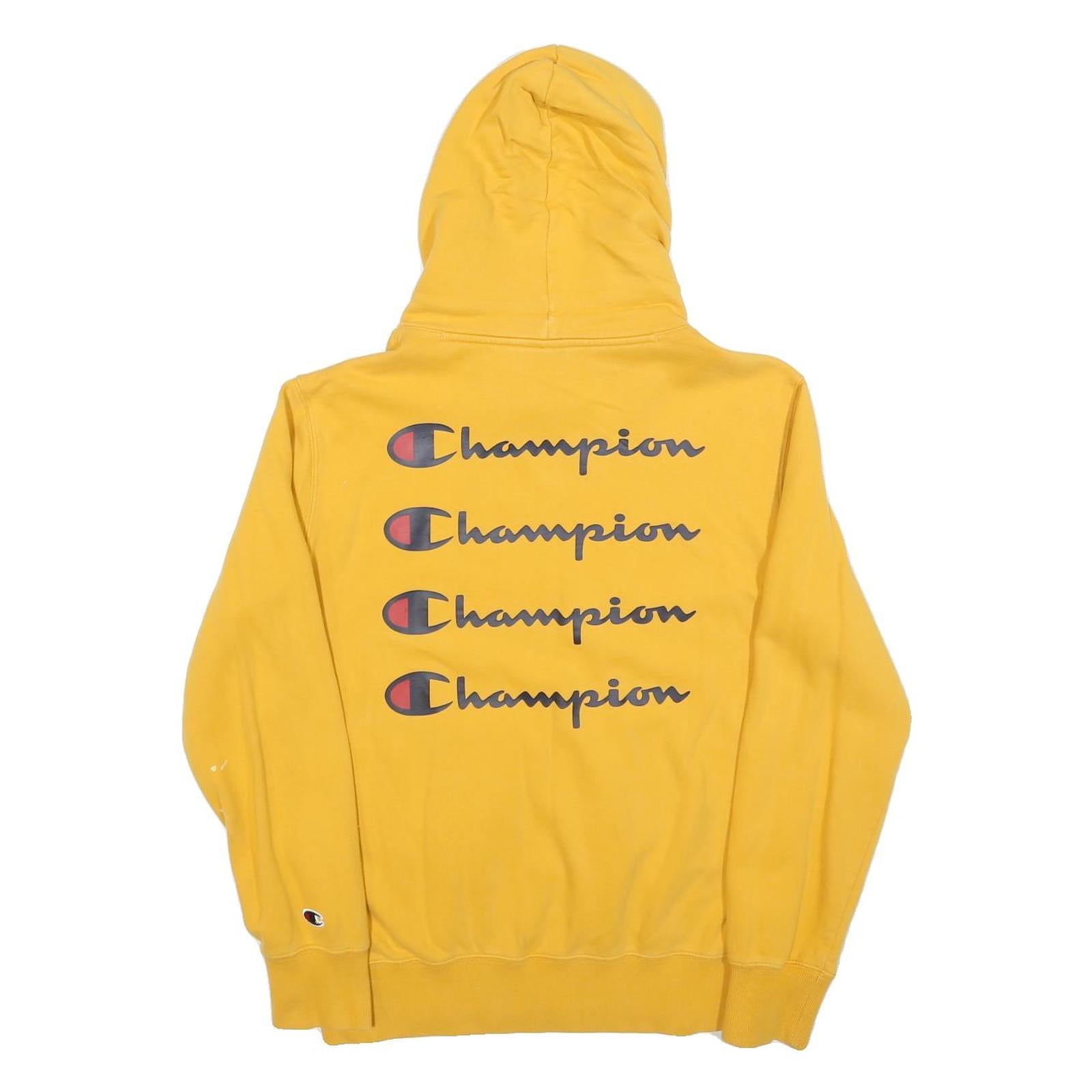 CHAMPION Mens Yellow Hoodie M Cotton Blend Pullover Classic Logo Sweatshirt