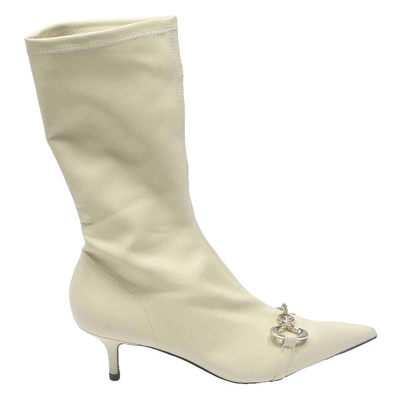 CHARLES & KEITH Womens Pointed Toe Kitten Heel Leather Ankle Boots Cream UK 4