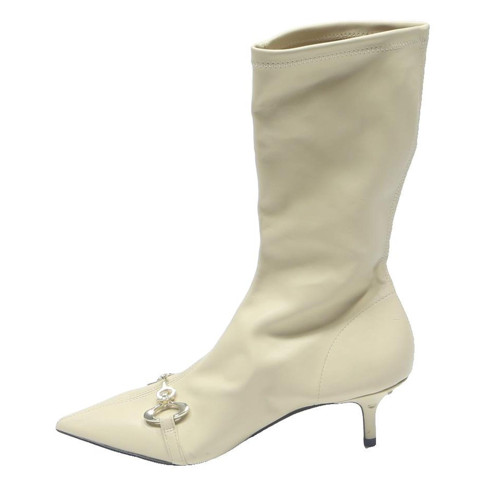 CHARLES & KEITH Womens Pointed Toe Kitten Heel Leather Ankle Boots Cream UK 4