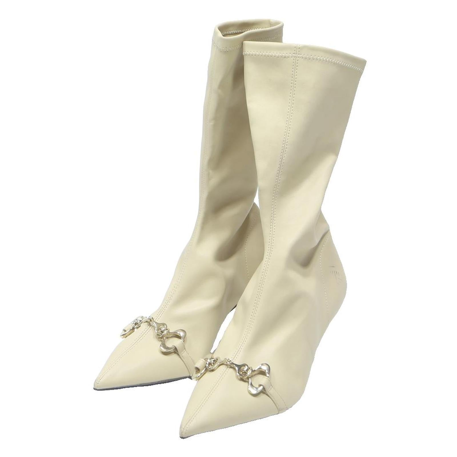 CHARLES & KEITH Womens Pointed Toe Kitten Heel Leather Ankle Boots Cream UK 4