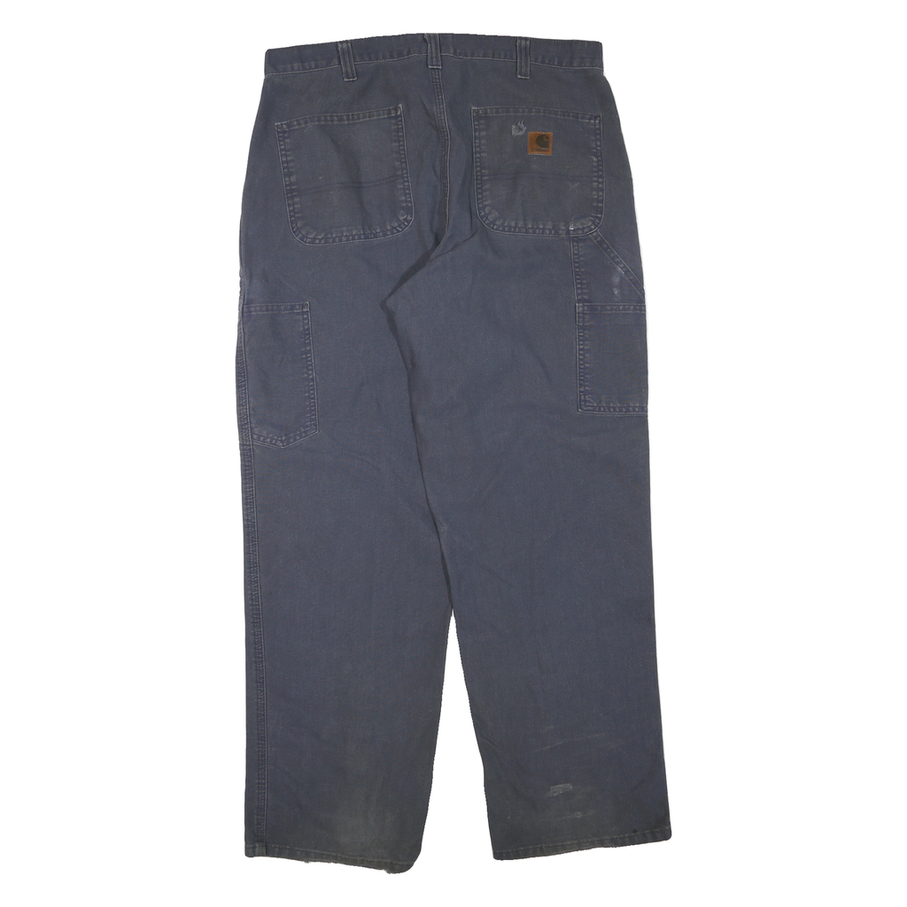 CARHARTT Mens Regular Fit Navy Blue Cotton Blend Work Trousers W36 L32 Durable