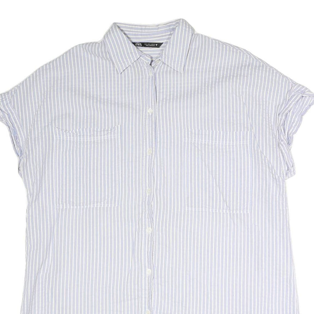 ZARA Womens Blue & White Striped Shirt Short Sleeve Collared L Casual Summer