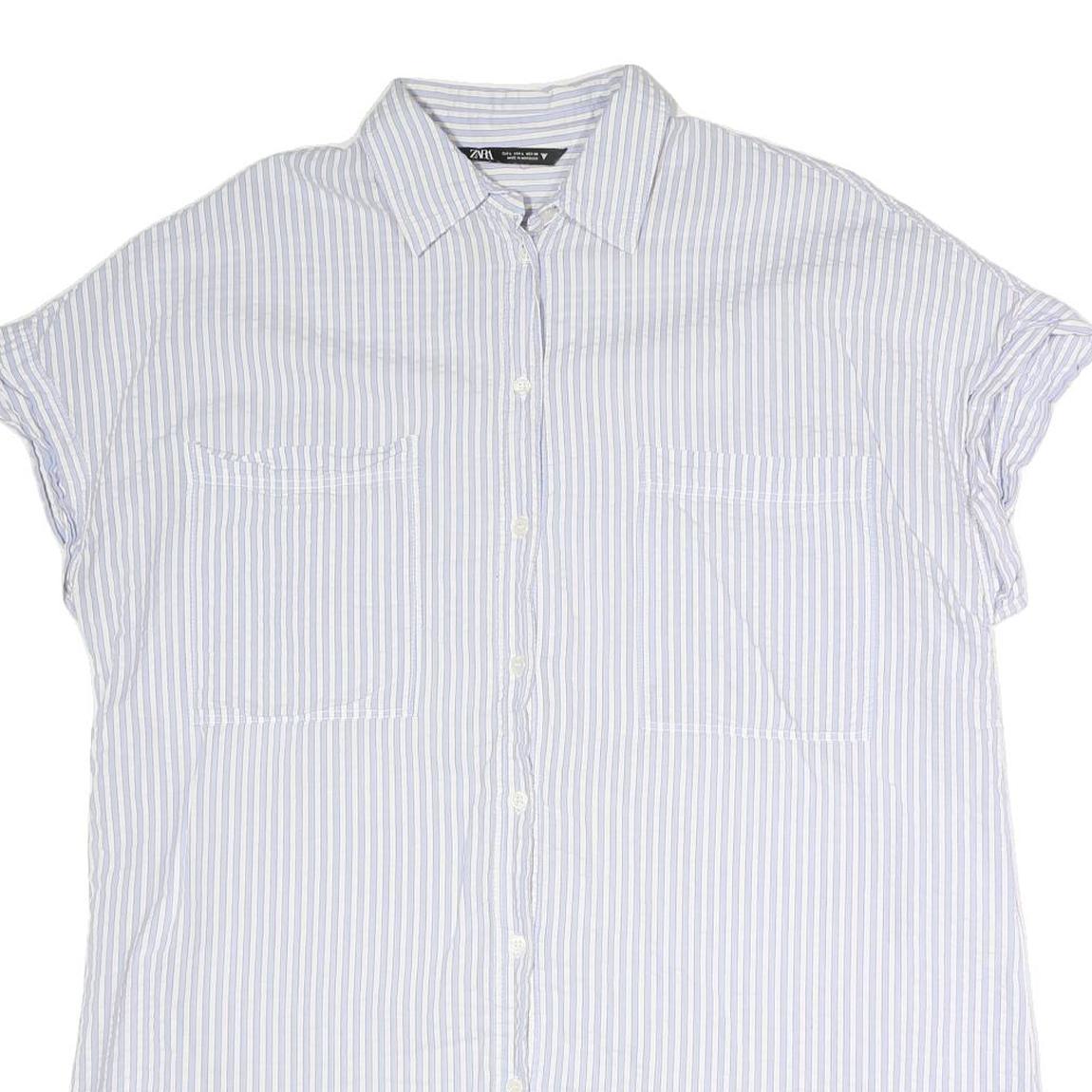 ZARA Womens Blue & White Striped Shirt Short Sleeve Collared L Casual Summer
