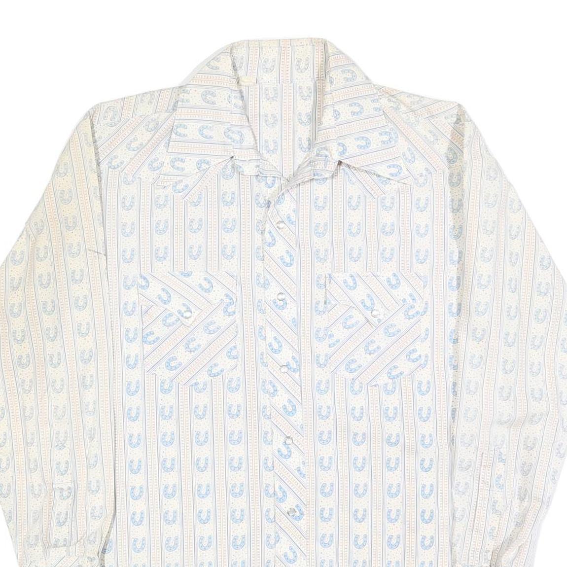 Mens Cream & Blue Patterned Shirt L Cotton Blend Long Sleeve Casual Comfortable