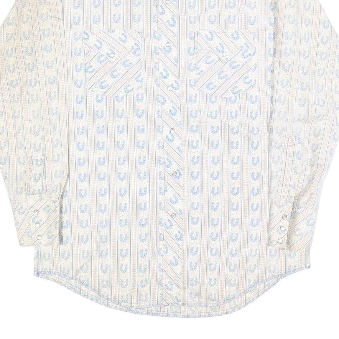 Mens Cream & Blue Patterned Shirt L Cotton Blend Long Sleeve Casual Comfortable