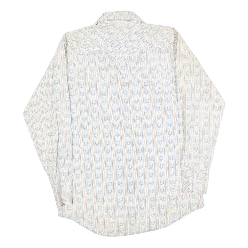 Mens Cream & Blue Patterned Shirt L Cotton Blend Long Sleeve Casual Comfortable