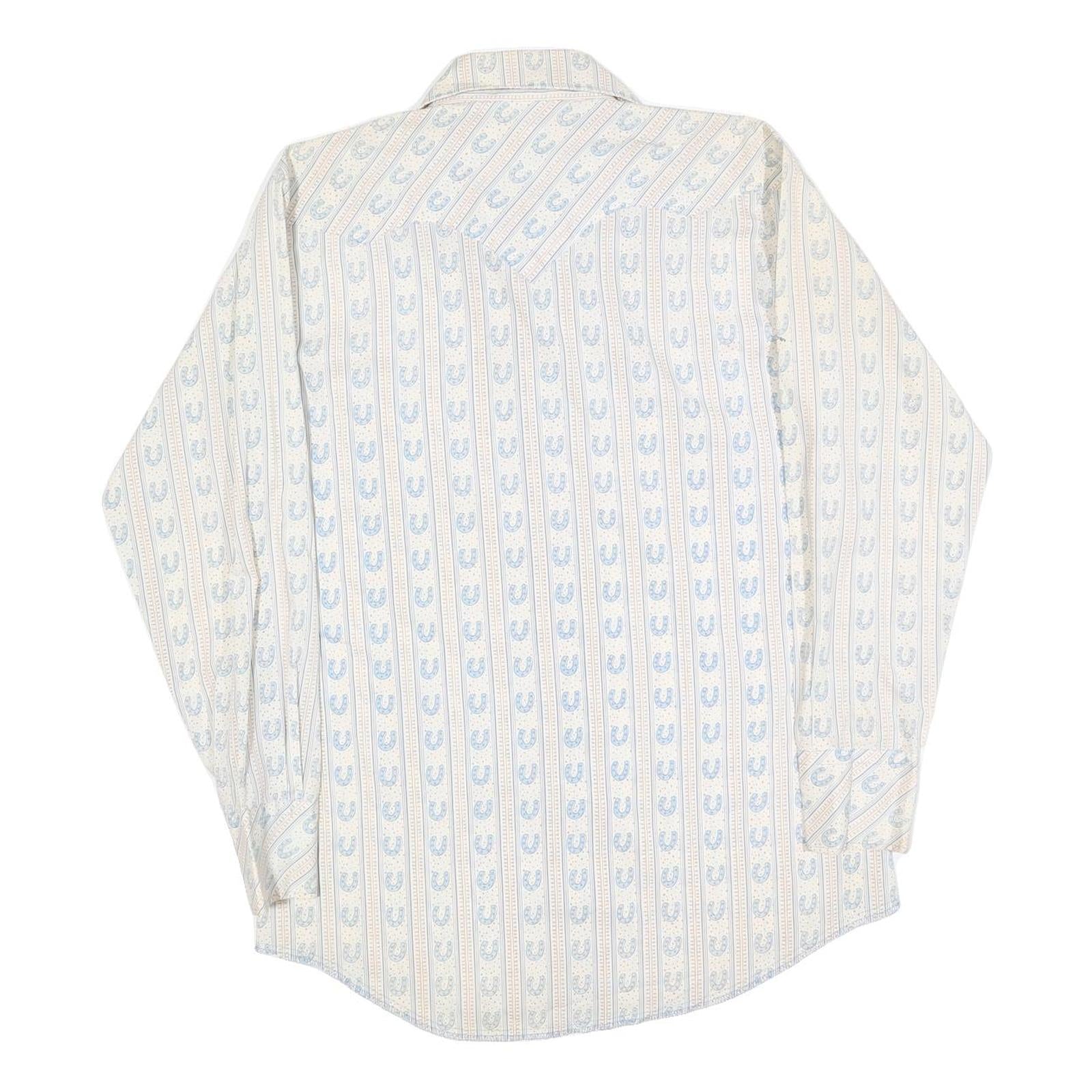 Mens Cream & Blue Patterned Shirt L Cotton Blend Long Sleeve Casual Comfortable
