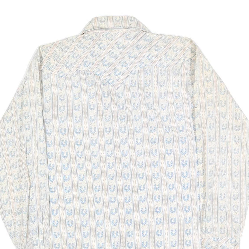 Mens Cream & Blue Patterned Shirt L Cotton Blend Long Sleeve Casual Comfortable