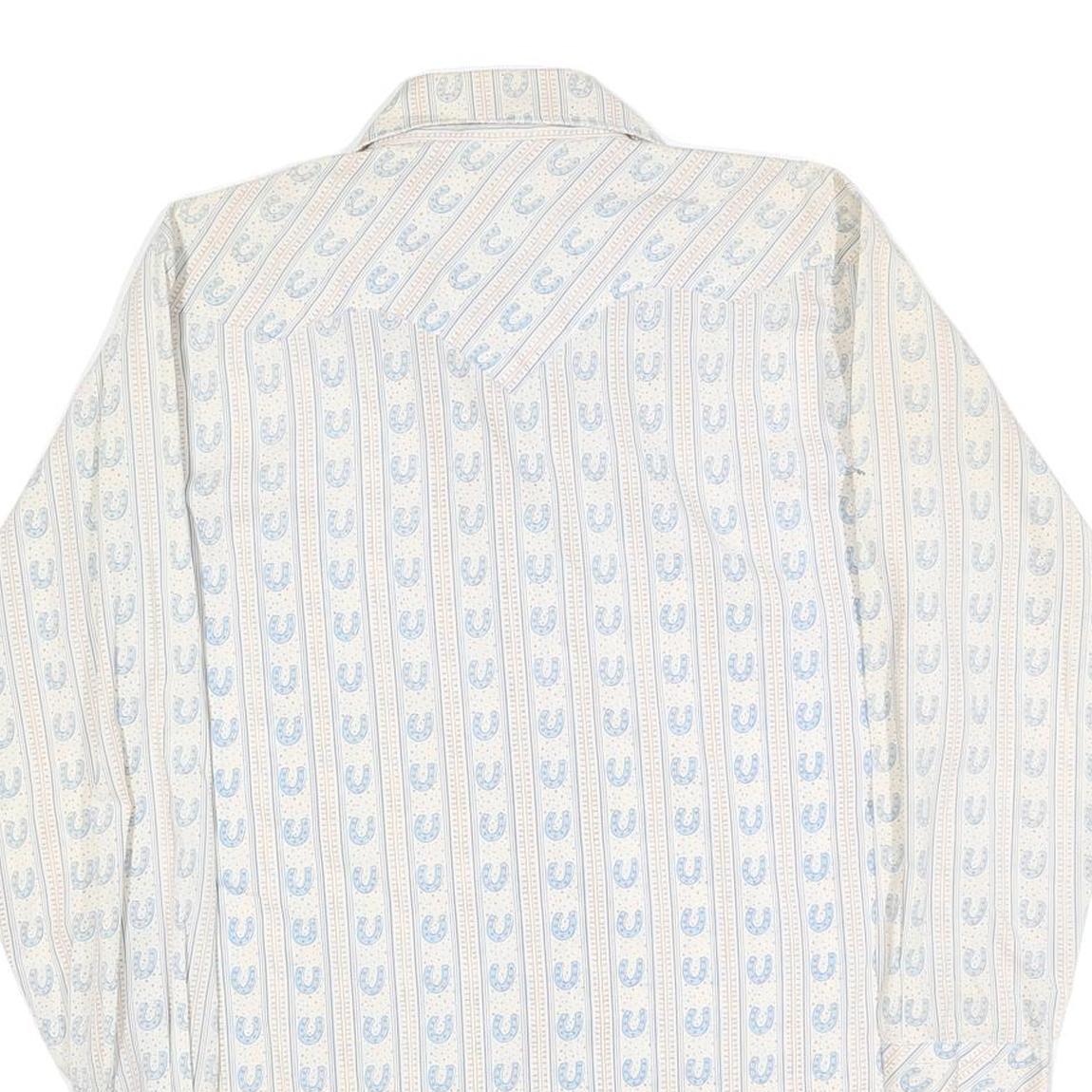 Mens Cream & Blue Patterned Shirt L Cotton Blend Long Sleeve Casual Comfortable