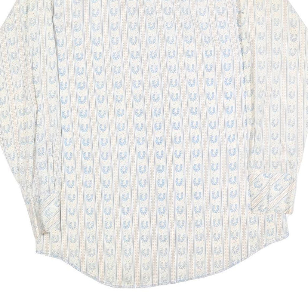 Mens Cream & Blue Patterned Shirt L Cotton Blend Long Sleeve Casual Comfortable