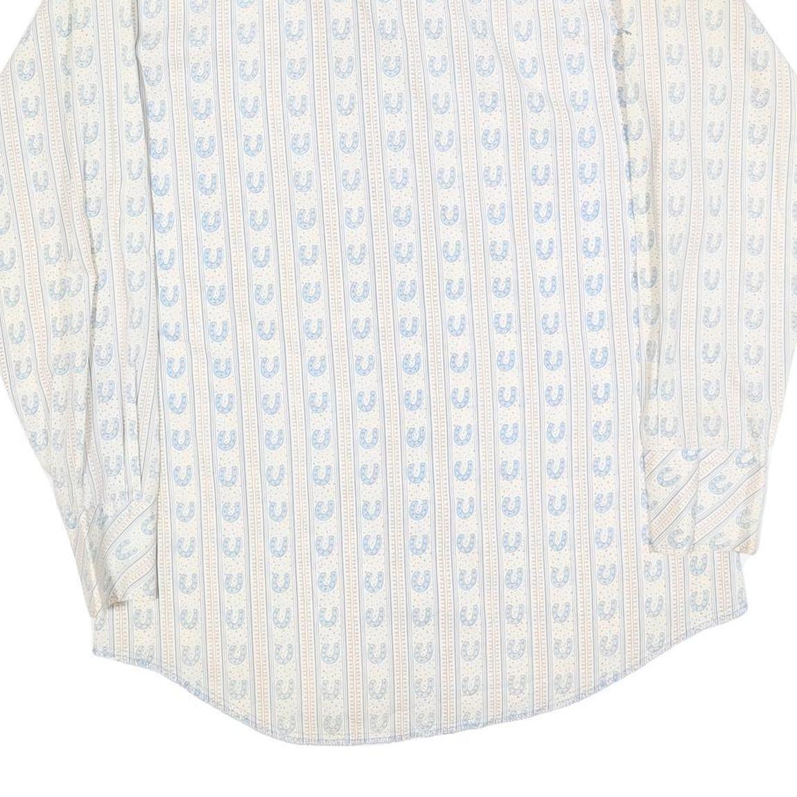 Mens Cream & Blue Patterned Shirt L Cotton Blend Long Sleeve Casual Comfortable