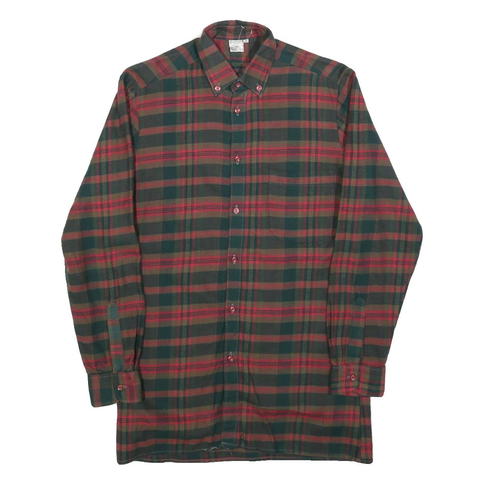 Mens Green Brown Check Cotton Button Shirt M Classic Long Sleeve Retro