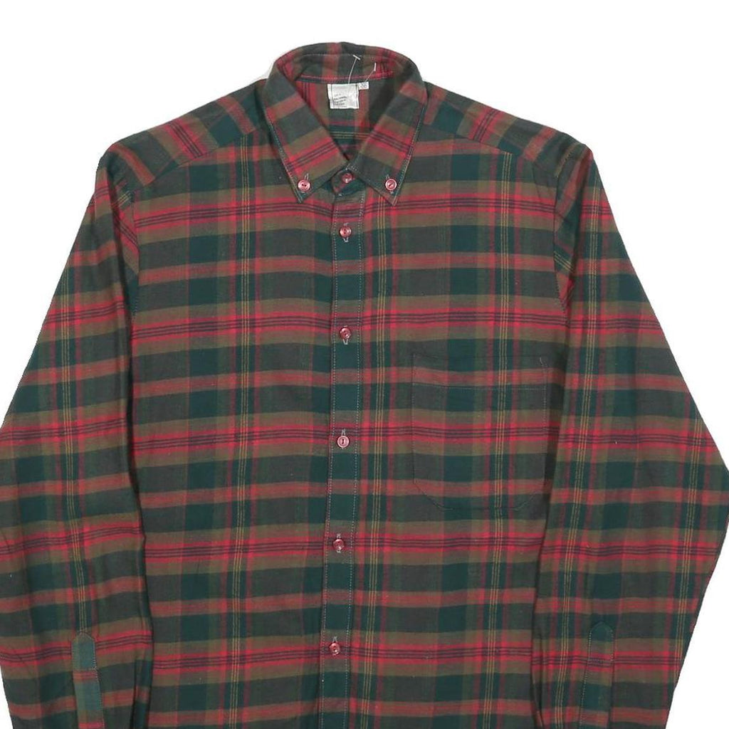 Mens Green Brown Check Cotton Button Shirt M Classic Long Sleeve Retro