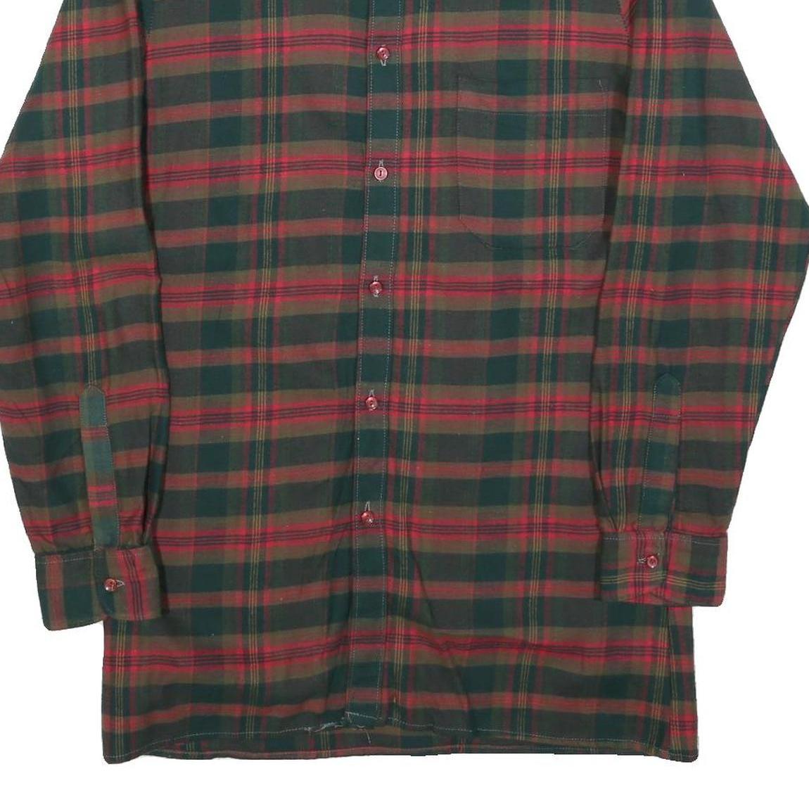 Mens Green Brown Check Cotton Button Shirt M Classic Long Sleeve Retro