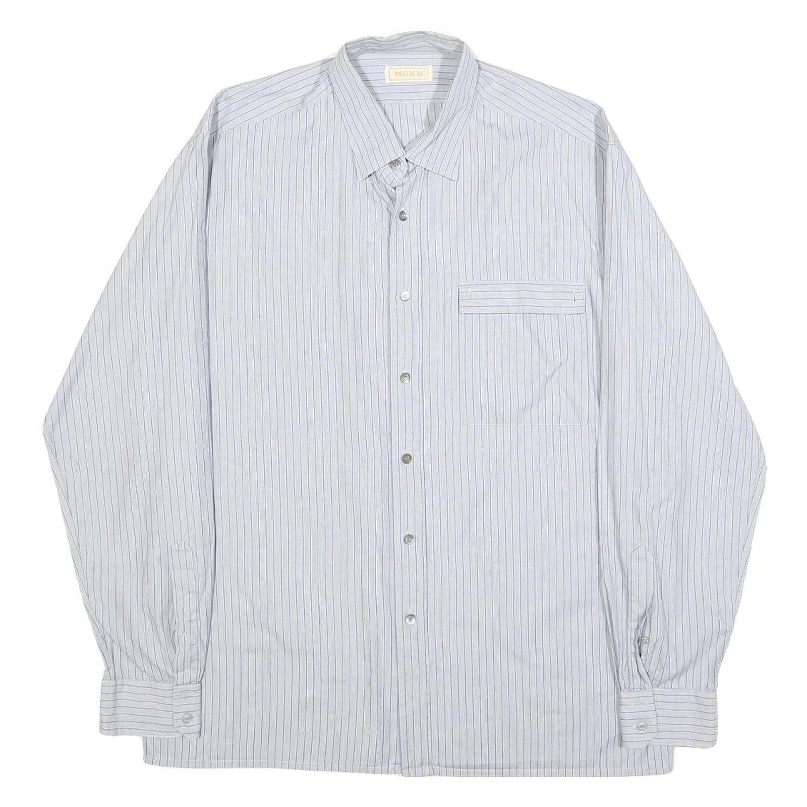 MONN Mens White & Blue Striped Shirt L Cotton Long Sleeve Button Casual