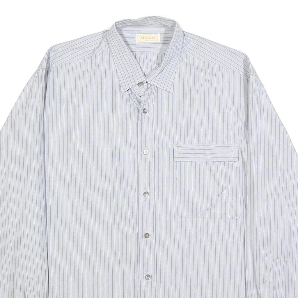 MONN Mens White & Blue Striped Shirt L Cotton Long Sleeve Button Casual